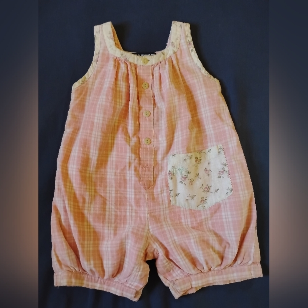 Vtg 90s Polo Ralph Lauren Baby Romper 3-6 Summer Peach Plaid Floral Short Outfit